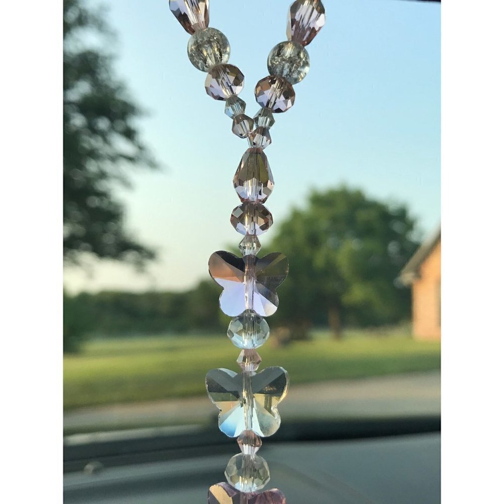 Beaded Suncatcher Car Charm Rearview Mirror Ornament Butterfly PinkCrystal Prism - Picture 4 of 10